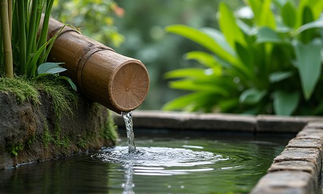 Bamboo waterfall feature with native plants