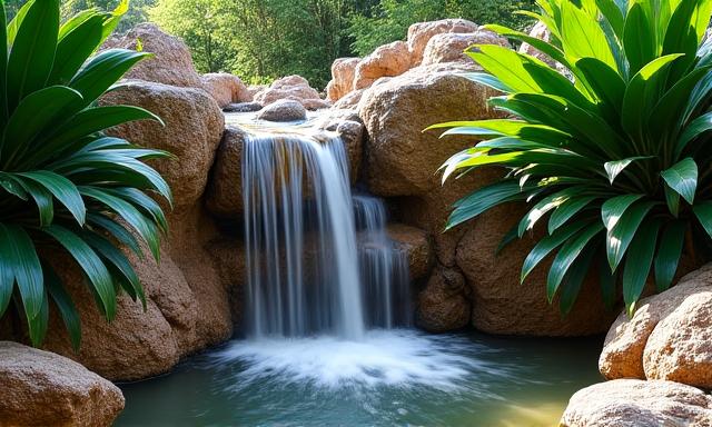 Custom rock waterfall in tropical garden setting
